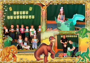 Jadzia, Nela i wszystkie dzieci biorące udział w konkursie -w ramce z dinozaurami